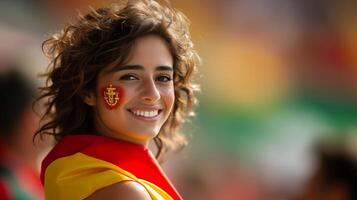 ai generado Español ventilador con bandera cara pintar, aplausos a Deportes evento, borroso estadio antecedentes foto