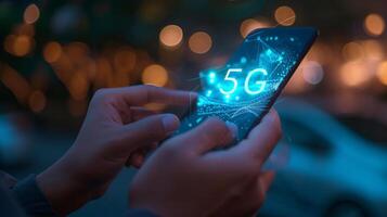 AI generated Interactive holographic 5g text icon shining on mobile phone with copy space, futuristic concept photo