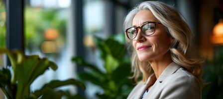 ai generado confidente medio Envejecido mujer con anteojos, gris cabello, oficina antecedentes y espacio para texto. foto