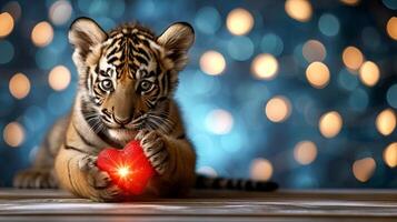 AI generated Tiger cub holding heart shaped gift for valentine s day on blurred magical background photo