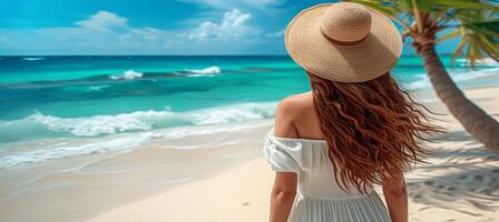 ai generado contento mujer disfrutando verano playa vacaciones, relajante por el playa con palma arboles y Oceano ver foto