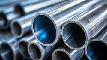 AI generated Stack of stainless steel pipes background for metallurgical industry backdrop concept image photo