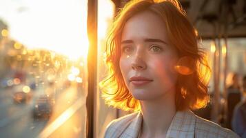 AI generated Eco conscious businesswoman on bus, businessman using public transportation to work photo