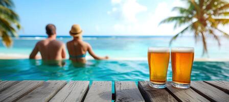 ai generado romántico Pareja disfrutando cerveza en tropical playa en calentar soleado verano ola de calor día con Copiar espacio foto