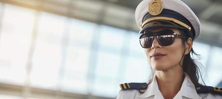 AI generated Female pilot in sunglasses and uniform, ready for corporate airline flight at airport photo