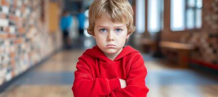 AI generated Lonely and bullied schoolboy feeling upset and isolated, copy space for text placement photo