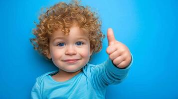 AI generated Joyful toddler giving a thumbs up on pastel background with space for text placement photo