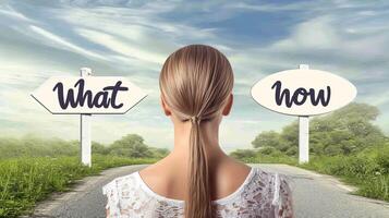 AI generated Pensive woman at crossroad with  what now  sign, contemplating life choices and decisions. photo