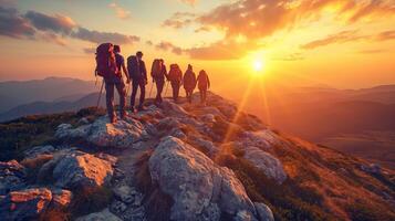 AI generated Group of friends climbing and helping each other to reach the mountain peak as a team photo