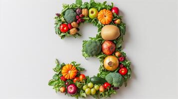 AI generated Vivid number three crafted from fresh fruits and vegetables, set against a clean white backdrop photo