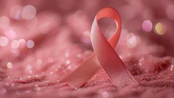 AI generated Breast cancer awareness pink ribbon symbol on blurred pink background with sparkles and copy space photo