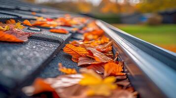 ai generado preparando para invierno claro otoño hojas desde techo canalones a evitar bloqueo foto