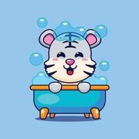 blanco Tigre tomando burbuja bañera en bañera dibujos animados vector ilustración.