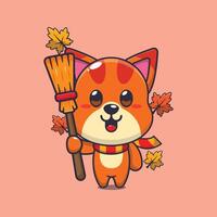 Cute autumn cat holding broom. vector