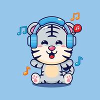 blanco Tigre escuchando música con auricular dibujos animados vector ilustración.