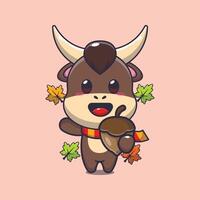 Cute bull with acorns at autumn season. vector