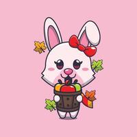 Cute bunny holding a apple in wood bucket. vector