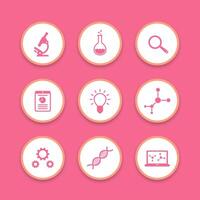 Science icons set, research, laboratory, microscope, dna chain, lab glass, science signs, vector illustration