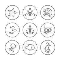 Sea line icons in circles, vector illustration