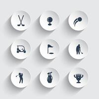 Golf icons, golf clubs, golf player, golfer, golf bag, pictograms, icons on round 3d shapes, vector illustration