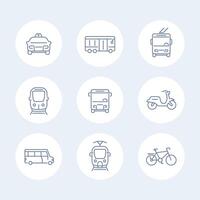 City transport line icons, tram, train, bus, bike, taxi, trolleybus vector icons isolated on white, vector illustration