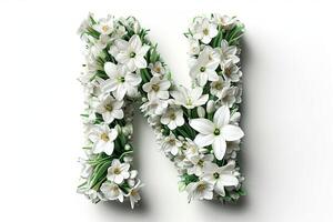 AI generated 3d modern narcissus flower letter  n  isolated on white background   creative floral design photo