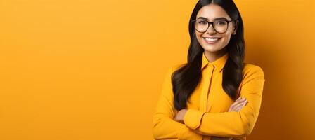 AI generated Cheerful businesswoman in glasses looking at job opportunities or business services advertisement photo