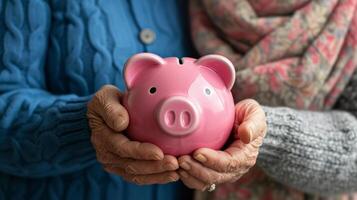 AI generated Happy senior couple holding pink piggy bank, saving for secure future and retirement dreams. photo