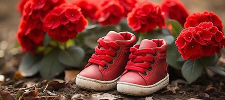 AI generated Charming gardening background with colorful flowerpots and red boots in sunny garden photo