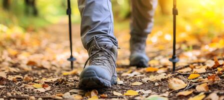 AI generated Close up of hiker s legs in forest with hiking stickshealthy outdoor activity with space for text. photo