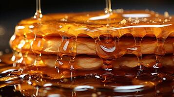 AI generated Close up stack of golden pancakes drizzled with maple syrup in warm lighting photo