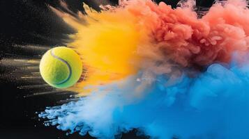 AI generated Vibrant tennis ball releasing captivating multicolored smoke on black background photo