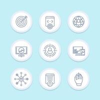 seo line icons, search engine optimization, website indexing, internet marketing, seo tools icons set vector