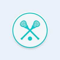 Lacrosse icon, sign, lacrosse sticks and ball vector pictogram, icon on round shape, vector illustration