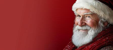 AI generated Cheerful santa claus with copy space on red background for text placement and festive holiday design photo