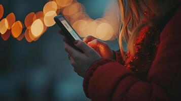 AI generated Woman using mobile app on city street at night with blurred background and text space photo