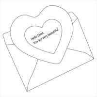 Single line continuous drawing of envelope with red heart and love letter.Template for invitations and love cards outline vector illustration