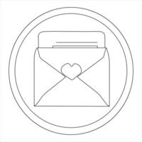 Single line continuous drawing of envelope with red heart and love letter.Template for invitations and love cards outline vector illustration