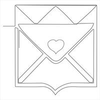 Single line continuous drawing of envelope with red heart and love letter.Template for invitations and love cards outline vector illustration