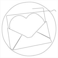 Single line continuous drawing of envelope with red heart and love letter.Template for invitations and love cards outline vector illustration