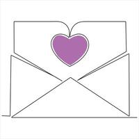 Single line continuous drawing of envelope with red heart and love letter.Template for invitations and love cards outline vector illustration