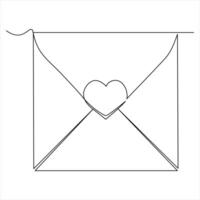 Single line continuous drawing of envelope with red heart and love letter.Template for invitations and love cards outline vector illustration