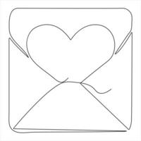 Single line continuous drawing of envelope with red heart and love letter.Template for invitations and love cards outline vector illustration