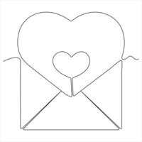 Single line continuous drawing of envelope with red heart and love letter.Template for invitations and love cards outline vector illustration