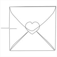 Single line continuous drawing of envelope with red heart and love letter.Template for invitations and love cards outline vector illustration