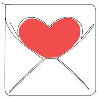 Single line continuous drawing of envelope with red heart and love letter.Template for invitations and love cards outline vector illustration