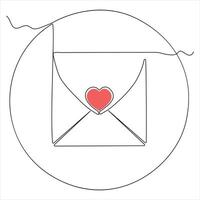 Single line continuous drawing of envelope with red heart and love letter.Template for invitations and love cards outline vector illustration