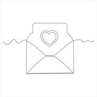 Single line continuous drawing of envelope with red heart and love letter.Template for invitations and love cards outline vector illustration