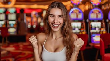 ai generado emocionado jugador gana grande a casino espacio máquinas, celebrando con dinero y alegría foto