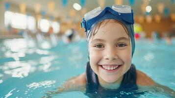 ai generado cerca arriba de un determinado joven niña nadador con confianza deslizamiento en un brillantemente iluminado piscina foto